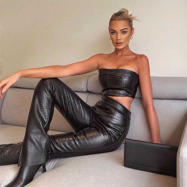 

2pcs black high waist flare faux leather pants set tube women casual carving print ankle length pants streetwear pu trousers 210709, White