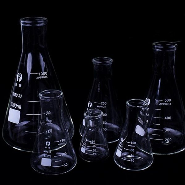 Laborbedarf, 1 Stück, Erlenmeyer-Borosilikatglaskolben, schmaler Hals, konische dreieckige Laborausrüstung, 50 ml bis 1000 ml
