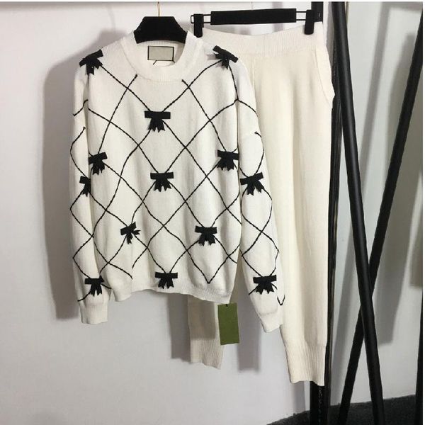 

women's two piece pants 2021 deluxe design sportswear embroidered bow rhombic check long sleeve sweater + elastic waist leggings casual, White