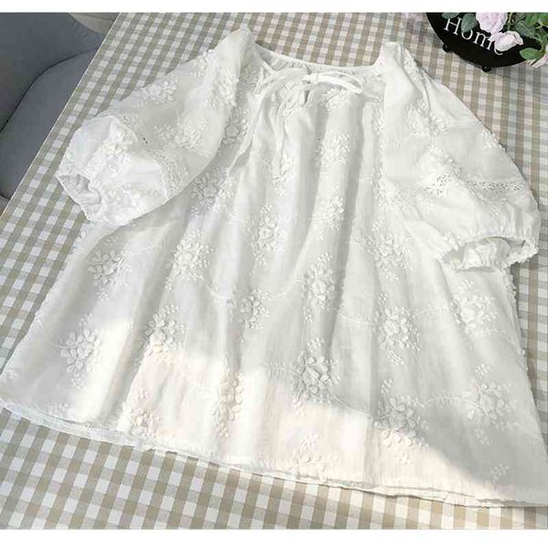 

women's blouses & shirts lamtrip unique 2021 summer 3d flowers stitch embroidery short sleeve bow sash lolita white loose doll shi