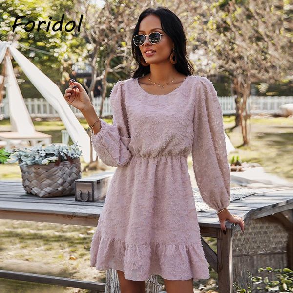 

casual dresses foridol o neck spring autumn pink dress women long sleeve fluffy short a-line elegant ladies 2021, Black;gray