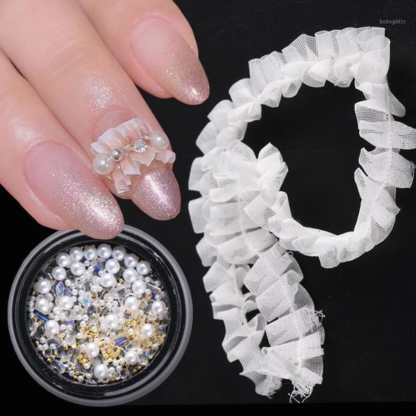 

lace nail art accessories pearl crystal diamond rhinestones for nails metal chain manicure decor gel polish tools set saqb01-041, Silver;gold