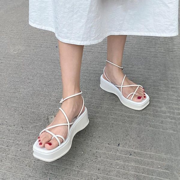 

sandals women white summer 2021 square toes heels shoes lady chunky soles wedges fashion high platform, Black