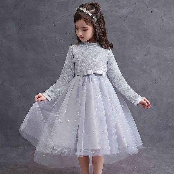 

grey long sleeved 2021 autumn new mesh princess dress bow dress, Red;yellow