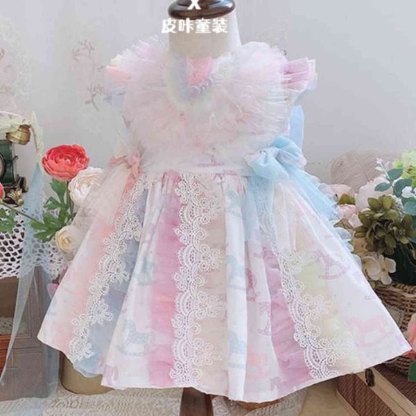 2021 verão vintage menina bebê espanhol lolita princesa vestido crianças casual lace malha costura de aniversário festa de aniversário vestido vestido g1129