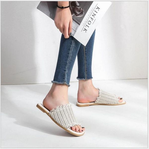 

slippers rushiman 2021 summer autumn women weave flat shoes woman mules low elegant sandals outside slides 999, Black