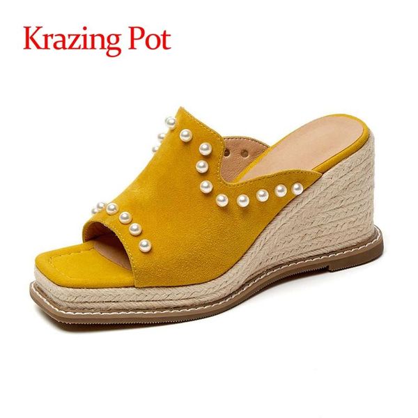 

krazing pot cow leather super high heel young lady daily wear slope platform simple style pearl slip on sandals women l64 dress shoes, Black