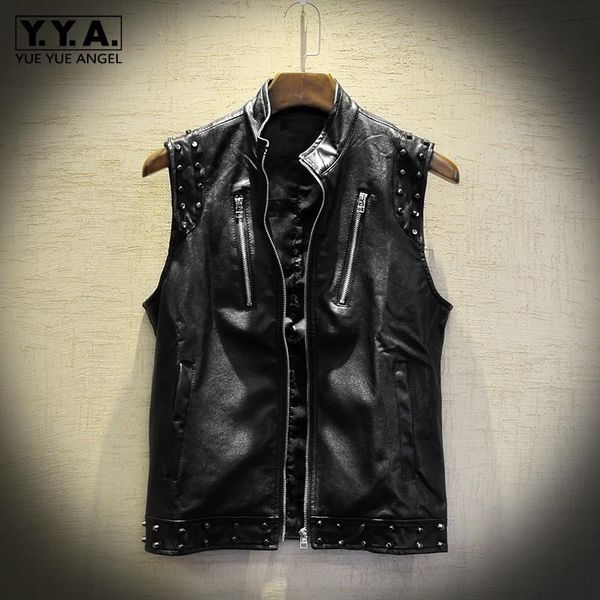 

punk style rivets pu leather vest mens slim fit motorcycle biker waistcoat sleeveless faux jacket fashion man vests men's, Black;white