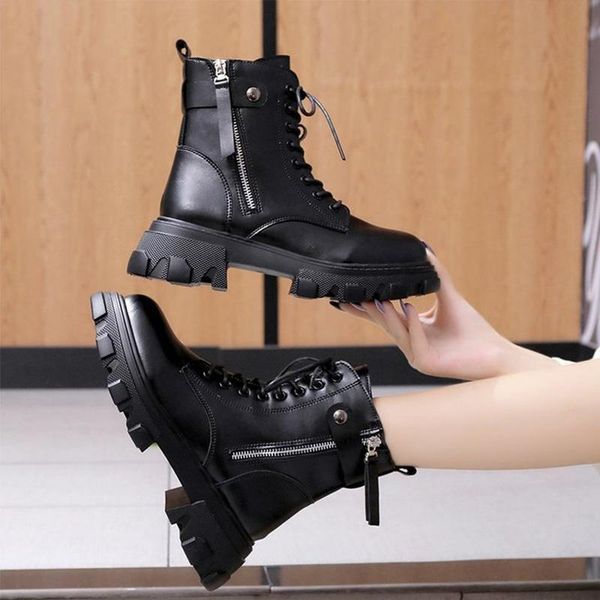 

boots women ankle autumn winter pu leather lace up female platform 2021 fashion sewing black motorcycle comfort shoe