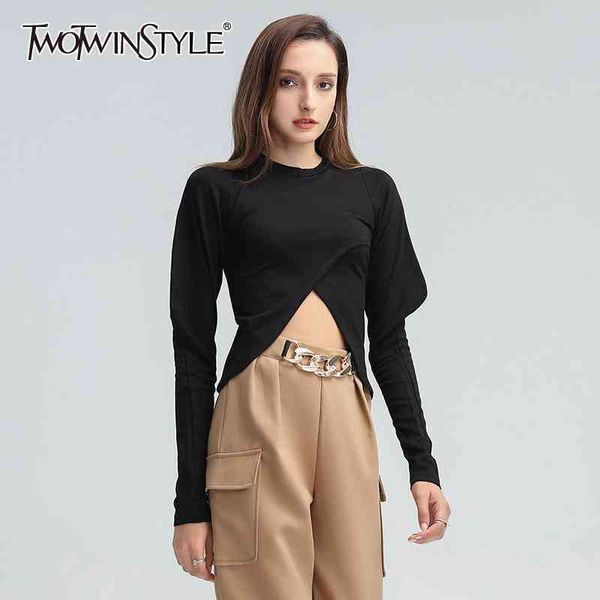 Black Slim tops para as mulheres o pescoço manga folhada frente split sólido camiseta feminino moda roupas outono 210524