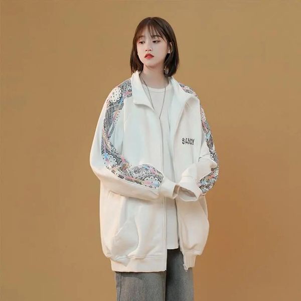 

women's jackets outono nova jaqueta de beisebol branco feminino casual esportes solto esporte impressÃ£o zÃ­per costurado meia, Black;brown