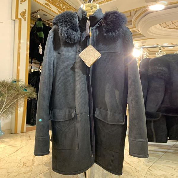 

men's leather & faux grade fur sheepskin coat genuine male handsome with mens, Black