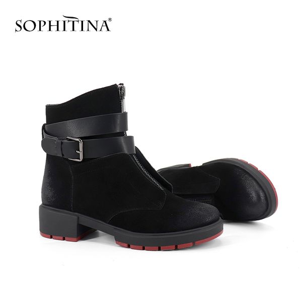 

sophitina stylish handmade ladies boots casual solid slip-on med heel shoes metal pointed toe decoration women boots sc258 210513, Black