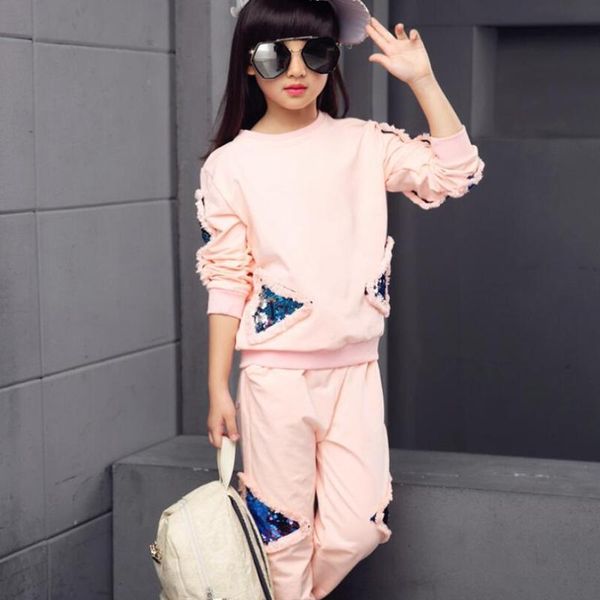 

autumn toddler teenage girls clothes costume children clothing set cotton shirts+pants 2pcs sets sports outfit 8 10 12 year, White
