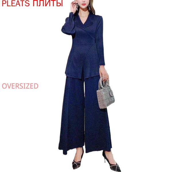 

women's tracksuits miyake pleated fashion ladies slim solid color comfortable long sleeve trousers two-piece suit autumn 2 piece set wo, Gray