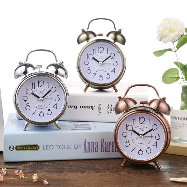 

other clocks & accessories round number dual retro clock metal bell silent vintage alarm kids bedside night light antique bronze desktop