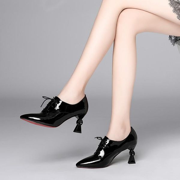 

women pumps soft cow leather lace up brown color rome style autumn spring pointed toe high heels size 34-43 dress shoes, Black