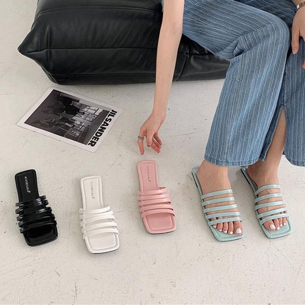 

summer women sandals flat heel narrow band ladies beach slipper slides square toe casual outdoor flip flops slippers, Black