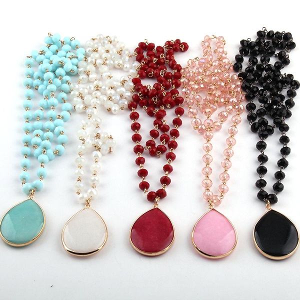 

fashion bohemian jewelry rosary chain link crystal stone drop pendant necklaces for women, Silver