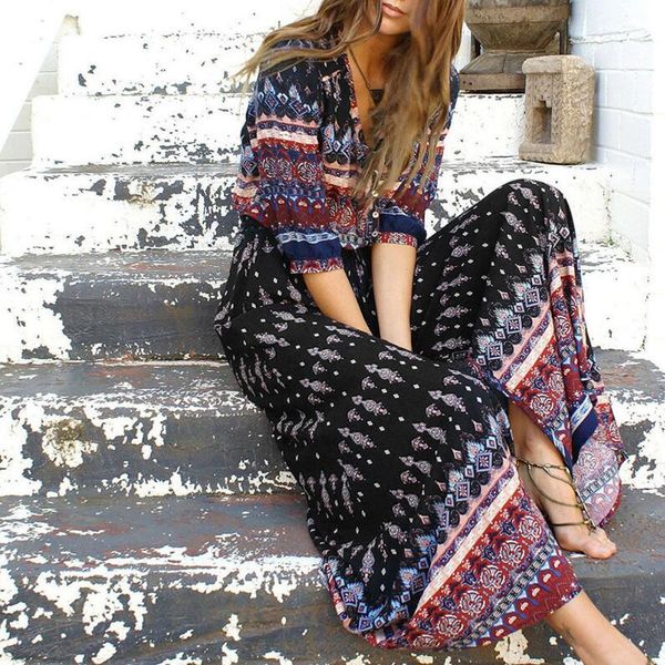 

national summer beach women dress bohemian v-neck 3 / 4 sleeve printing split fashion casual holiday christening dresses, Black;gray