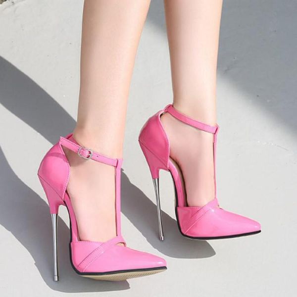 

dress shoes women pumps 16cm metal thin heel with pointed toe stiletto large size super high catwalk t-strap bed fun, Black