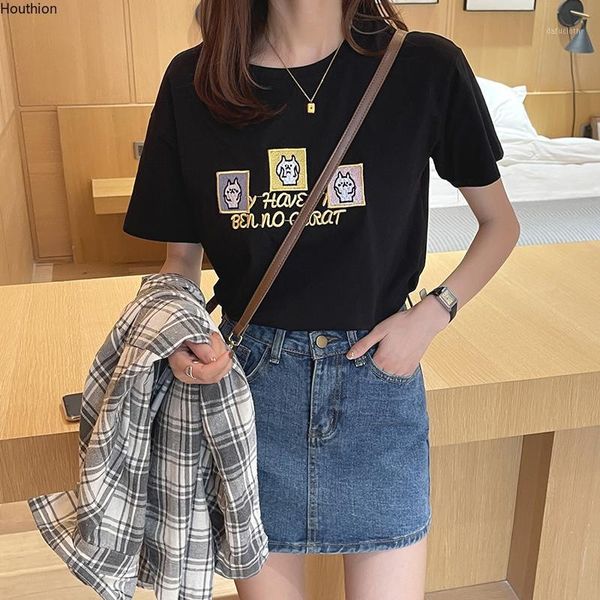 

women's t-shirt houthion embroidery loose tshirt short sleeve fashion casual korean solid t shirt o-neck summer, White