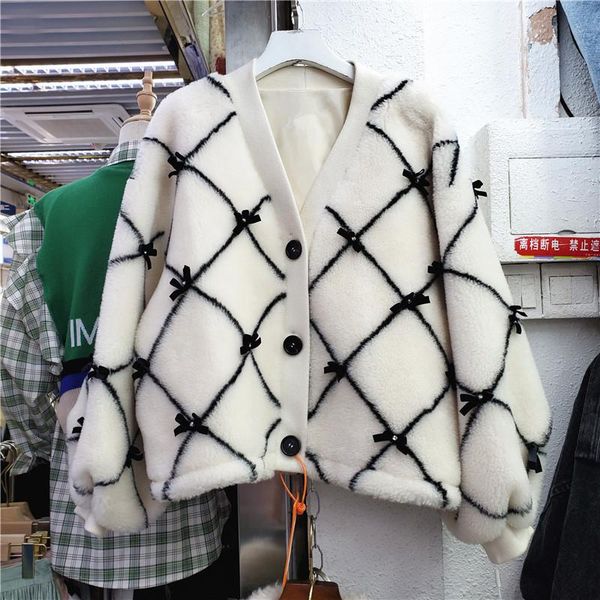 

women's fur & faux autumn women warm plaid coat bow decoration loose casual v-neck single breasted long sleeve plus plush outerwear fem, Black