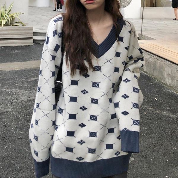 

women's sweaters fall winter v-neck diamond plaid lazy wind loose cute fashion casual long sleeve thick sweater pullover 2021, White;black