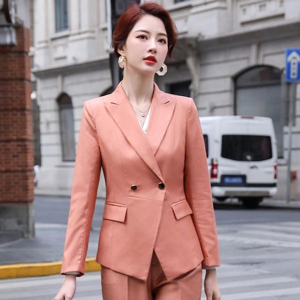 

women's high-end elegant office pants suit two-piece 2021 autumn and winter solid color ladies jacket slim trousers two piece, White