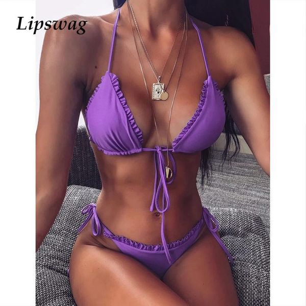 

women's swimwear women bandage swim bikini set solid color ruffled swimsuit open back push-up biquini beachwear bathing suit, White;black