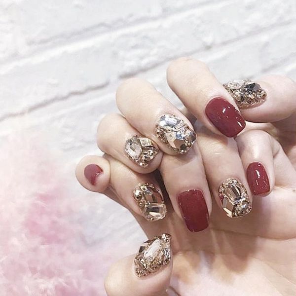 

nail art kits wine red champagne full diamond manicure bride luxury wear disassembly tip white fake patch supplies kit