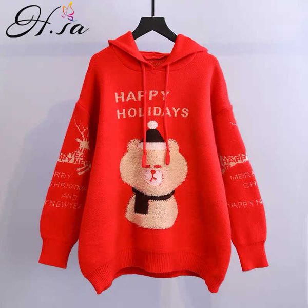 

h.sa oversized sweater for women winter sweater pull jumpers cartoon bear pull jumpers christmas year's sweater 210716, White;black