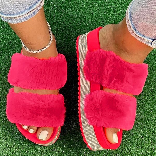 

new fluffy faux fur slides women fur slippers furry raccoon sandals fake fox fur flip flops home fuzzy woman casual plush shoes, Black