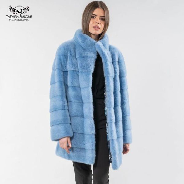 

women's fur & faux natural sky blue women genuine mink coats 80cm long slim sleeve whole skin coat stand collar, Black