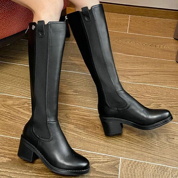 

boots rouned toe women's office 2021 fall winter knee high heels wide leg zipper genuine leather slim long shoes woman, Black