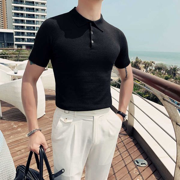 

ice silk knitted polo shirts men solid color short sleeve polo shirts business casual men clothing slim office social tee 210527, White;black