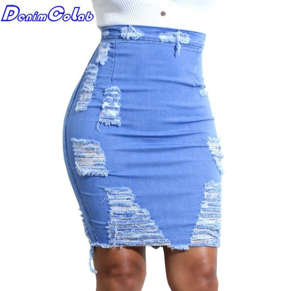 Denimcolab cintura alta elástica elástica saias denim mulheres sexy buracos nádegas fina fita mini saias senhoras sólida casual saia curta x0428