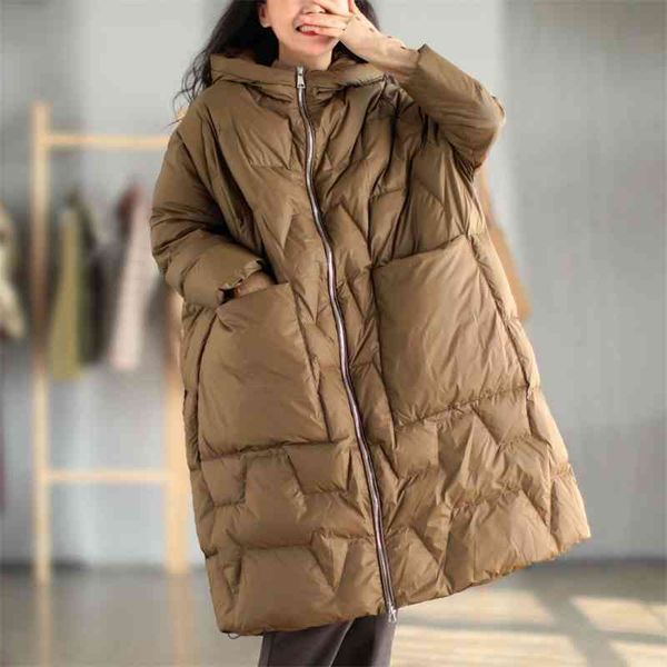 

2021 winter new 90 white duck down women's loose warm coat versatile hooded medium and long jacket women, Black