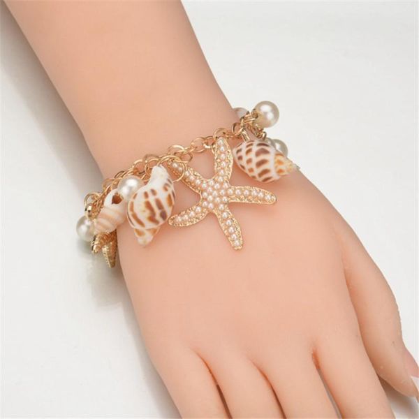 

charm bracelets 2021 selling ocean style multi starfish sea star conch shell pearl chain beach bracelet bangle novelty holiday accessories, Golden;silver