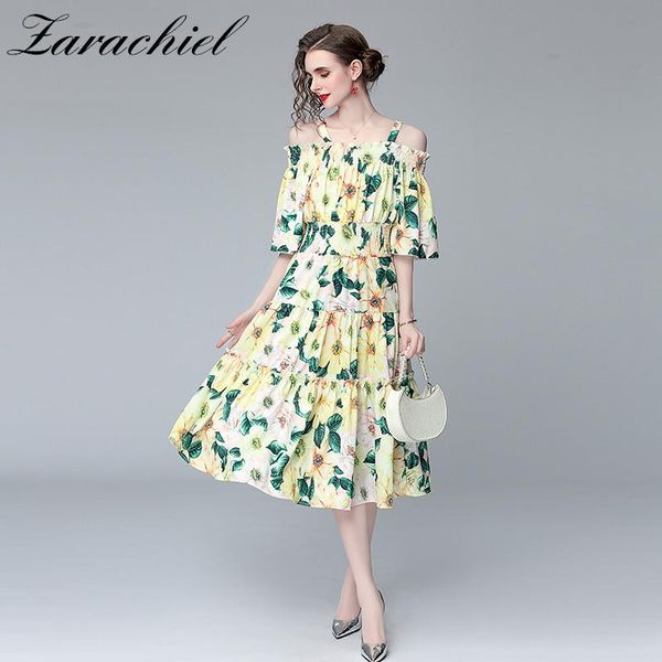 

casual dresses 2021 fashion runway summer dress women elegant spaghetti strap ruffles floral print elastic waist vacation beach long, Black;gray