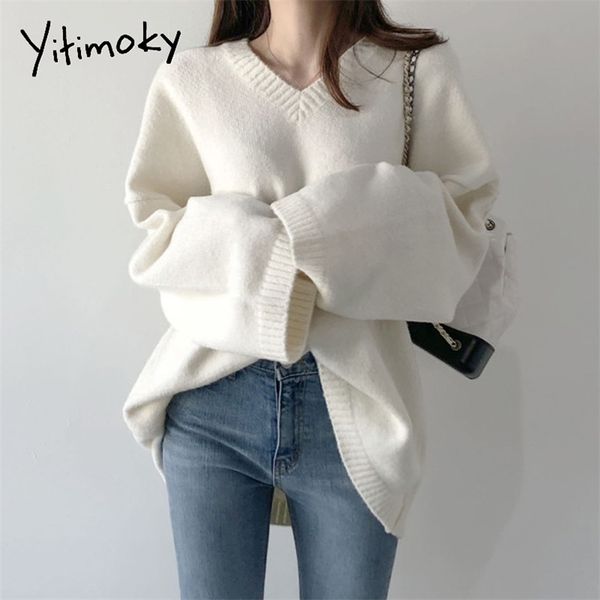 Yitimoky Camisola Mulheres Preto Branco Pullovers Estilo Coreano Outono Inverno Solto Casual V-Neck Top Top Vestuário Sólido 210918