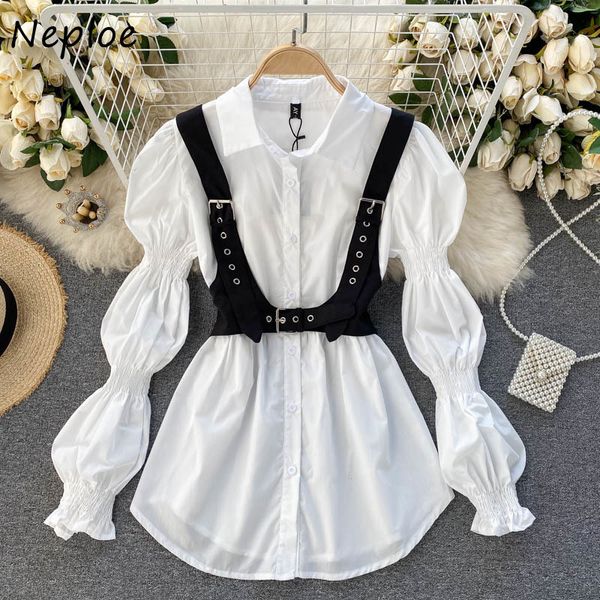 Estilo de trabalho NEPLOE OL SLIM 2 PCS Mulheres Conjunto Definir Colar Puff Camisa de Manga Longa + Camis sem mangas Slim Cintura Colete Suit Primavera 210423