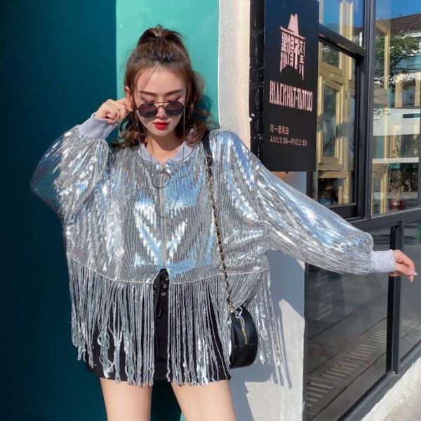 

women's jackets [ewq] brand sequins long sleeve coat women o-neck collar loose tassel fashion tide autumn gd787 c7vs, Black;brown