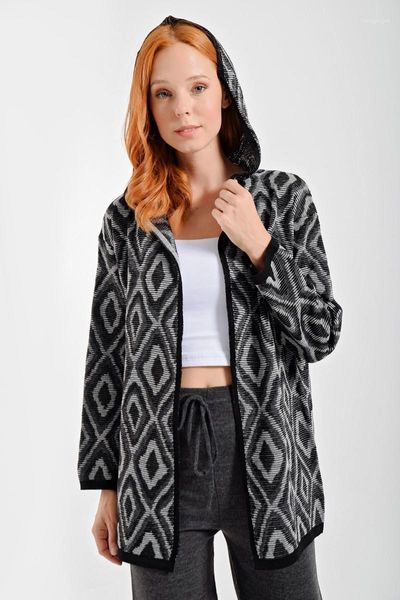 

women's wool & blends hooded maya long knitwear cardigan season sleeve pattern stylish sports, Black