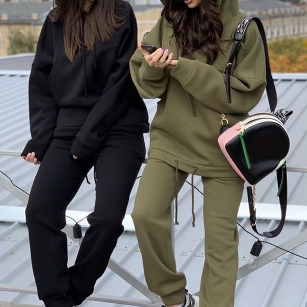 

tracksuit pullovers and regular pants womens tracksuits autumn winter fleece hoodies set solid color casual long trousers sport oversize out, Gray