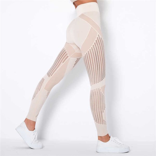 

seamless leggings high waist winter clothes women pants yoga gym sport workout with mesh 210929, Black