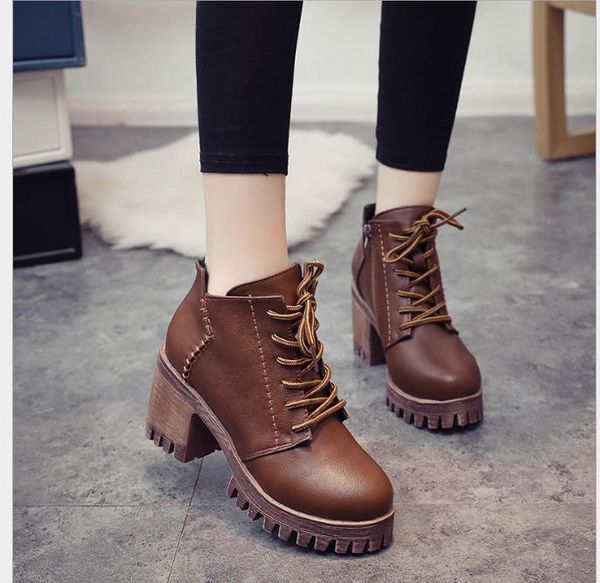 

boots women's fashion tie casual high heel thick with retro short, Black