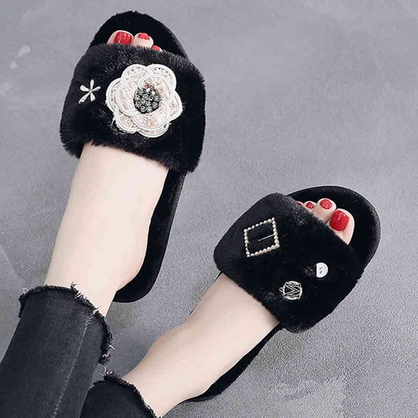 

slippers indoor comfy camellia warm furry flat women shoes crystal flower plush slides pearl cozy pantuflas de mujer 8q1g, Black