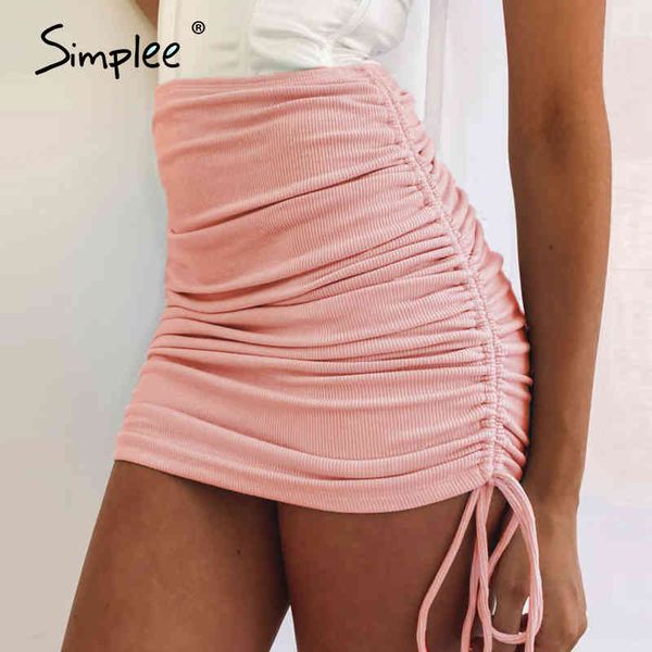 

drawstring bodycon slim chic high waist mini skirts fashion woman causel stretch skirt spring summer clubwear 210414, Black