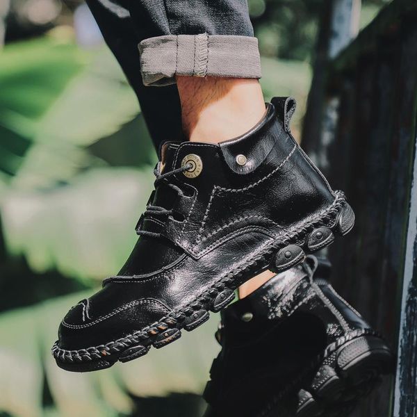 

boots men genuine leather casual shoes outdoor lace up flats comfortable fashion oxfords handmade sewing big size 48, Black